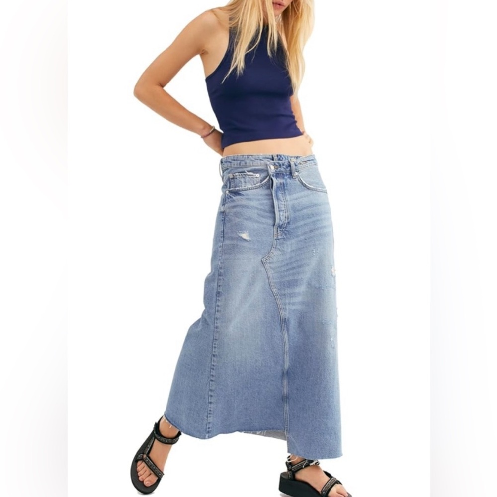 WE THE FREE Asymmetrical Maxi Distressed Denim Skirt
